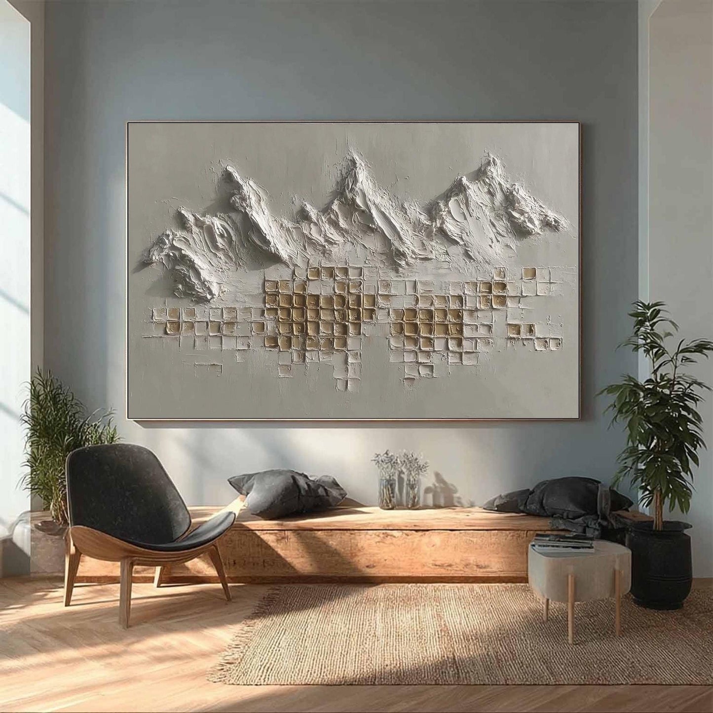 3D Textured Canvas Art - Handmade Acrylic - Minimalist Wall Decor - Luxury Neutral Home Housewarming Gift – Gold and Grey Mou