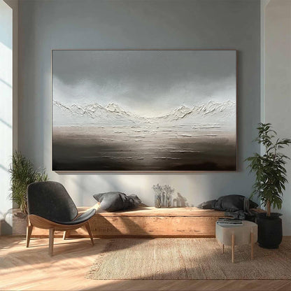 Neutral Landscape Canvas Art - Handmade Acrylic - Zen Wall Decor - Minimalist Home Housewarming Gift – Silver and Grey Mounta