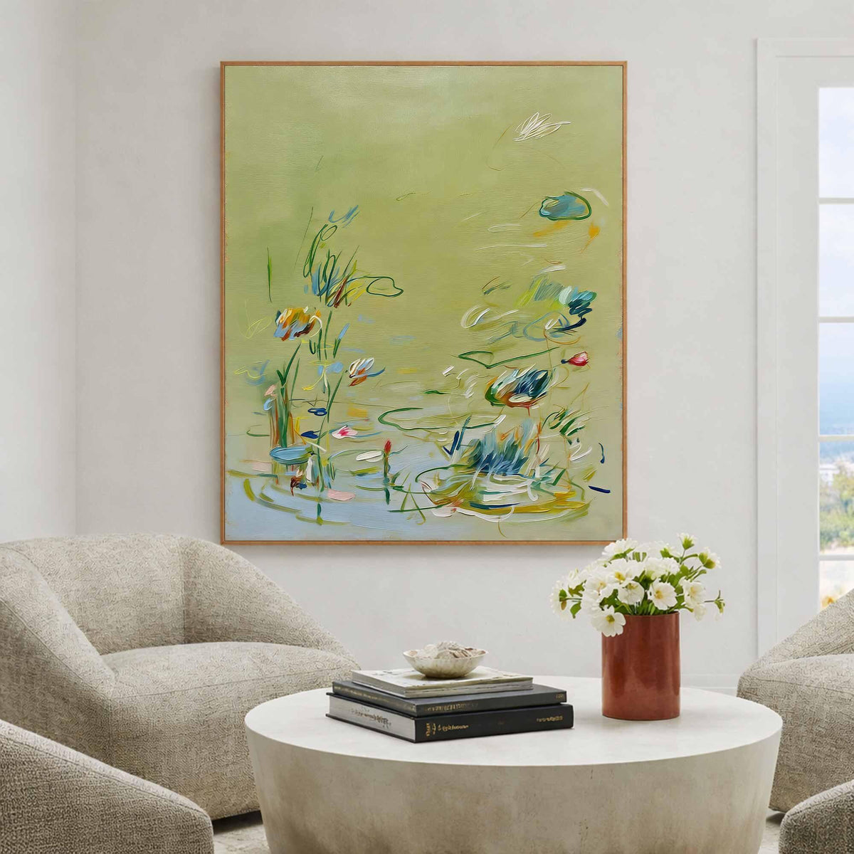 Soft Sage Green Floral Wall Art Abstract Botanical Canvas Painting for Cottage Bedroom Decor