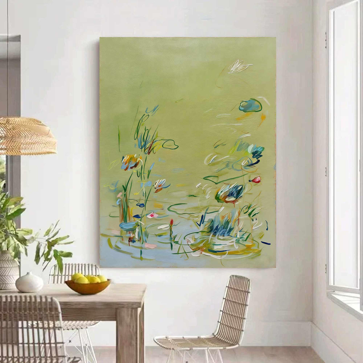 Soft Sage Green Floral Wall Art Abstract Botanical Canvas Painting for Cottage Bedroom Decor