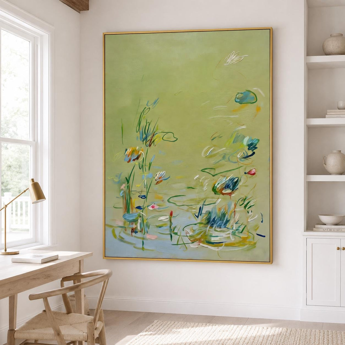 Soft Sage Green Floral Wall Art Abstract Botanical Canvas Painting for Cottage Bedroom Decor