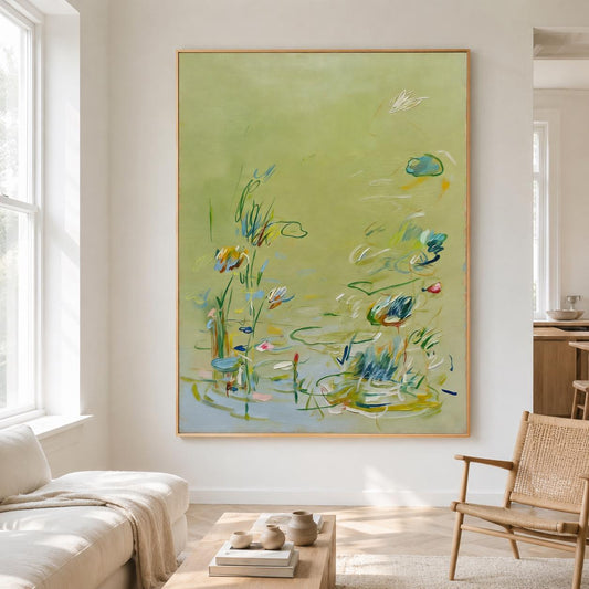 Soft Sage Green Floral Wall Art Abstract Botanical Canvas Painting for Cottage Bedroom Decor