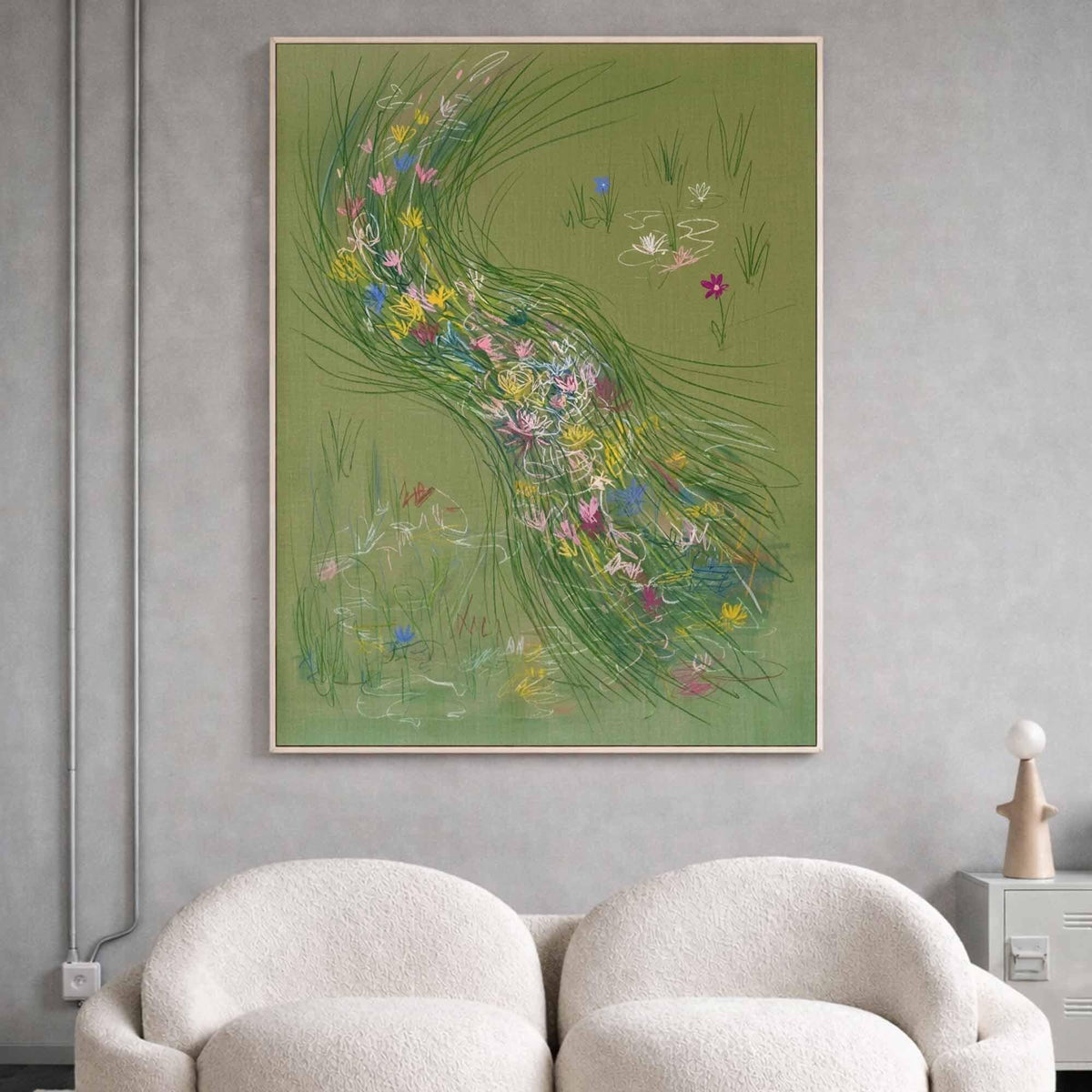 Green Wildflower Stream Wall Art Abstract Meadow Canvas Painting for Cottage Living Room Decor