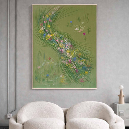Green Wildflower Stream Wall Art Abstract Meadow Canvas Painting for Cottage Living Room Decor