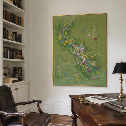 Green Wildflower Stream Wall Art Abstract Meadow Canvas Painting for Cottage Living Room Decor