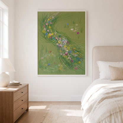 Green Wildflower Stream Wall Art Abstract Meadow Canvas Painting for Cottage Living Room Decor