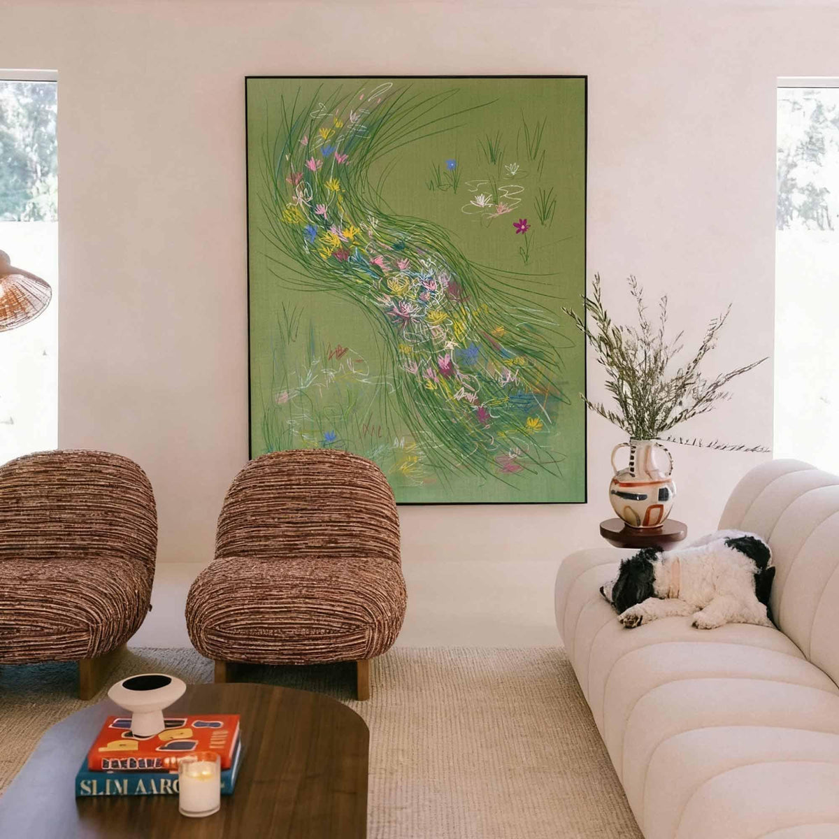 Green Wildflower Stream Wall Art Abstract Meadow Canvas Painting for Cottage Living Room Decor
