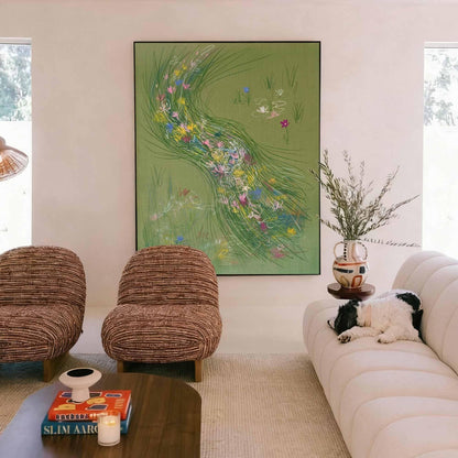 Green Wildflower Stream Wall Art Abstract Meadow Canvas Painting for Cottage Living Room Decor