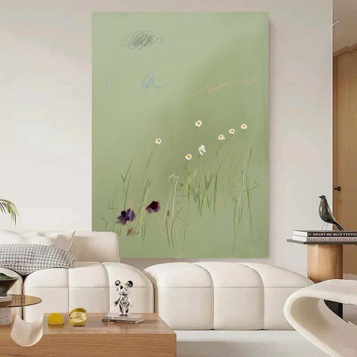 Soft Sage Green Daisy Wall Art Minimal Botanical Canvas Painting for Calm Nursery Decor