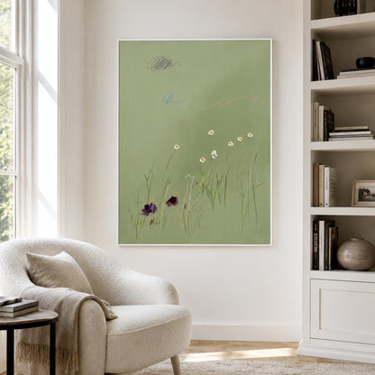 Soft Sage Green Daisy Wall Art Minimal Botanical Canvas Painting for Calm Nursery Decor