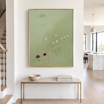 Soft Sage Green Daisy Wall Art Minimal Botanical Canvas Painting for Calm Nursery Decor