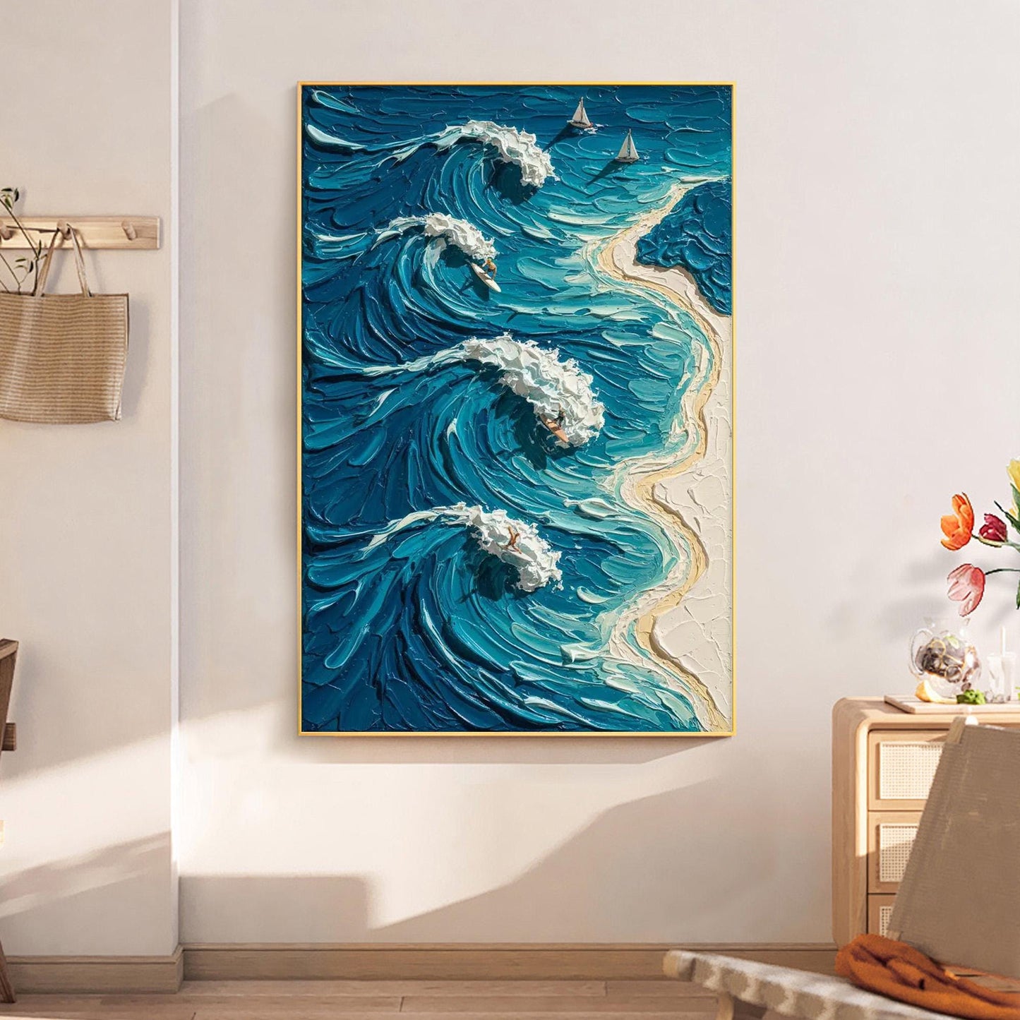 Blue and White Impasto Beach Seascape Wall Art – Crashing Wave Painting