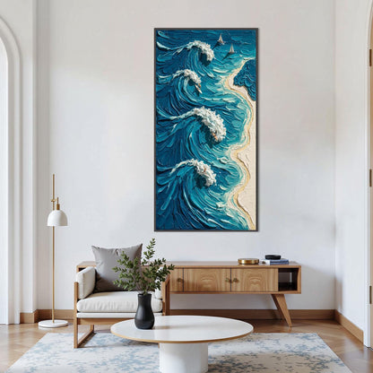 Blue Ocean Surf Canvas - Handmade Acrylic - Coastal Wall Decor - Beach Home Housewarming Gift – Blue and White Beach Seascape