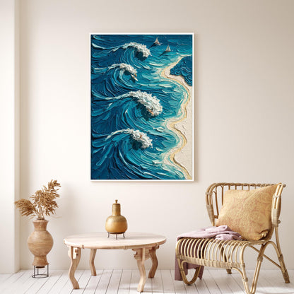 Blue and White Impasto Beach Seascape Wall Art – Crashing Wave Painting