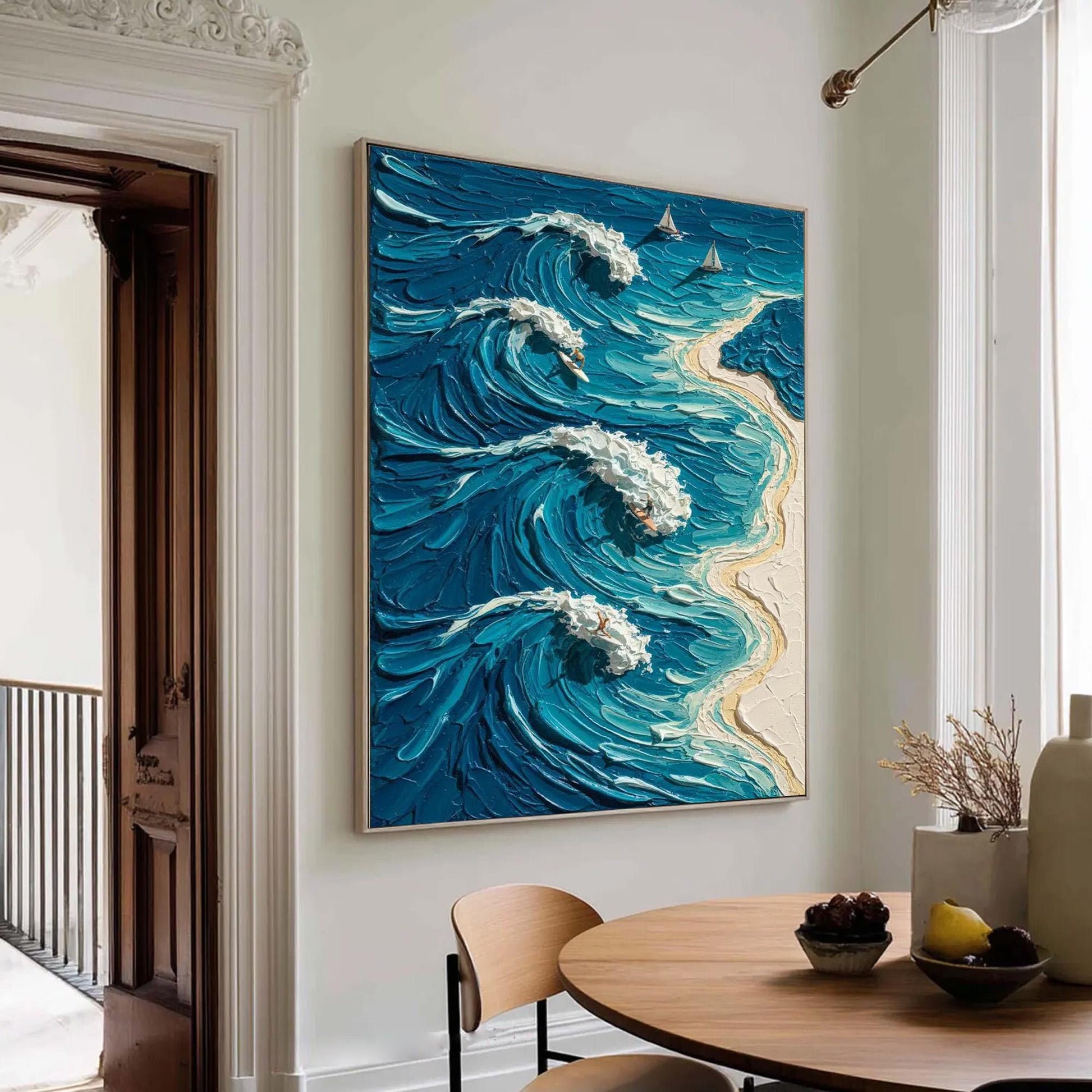 Blue Ocean Surf Canvas - Handmade Acrylic - Coastal Wall Decor - Beach Home Housewarming Gift – Blue and White Beach Seascape