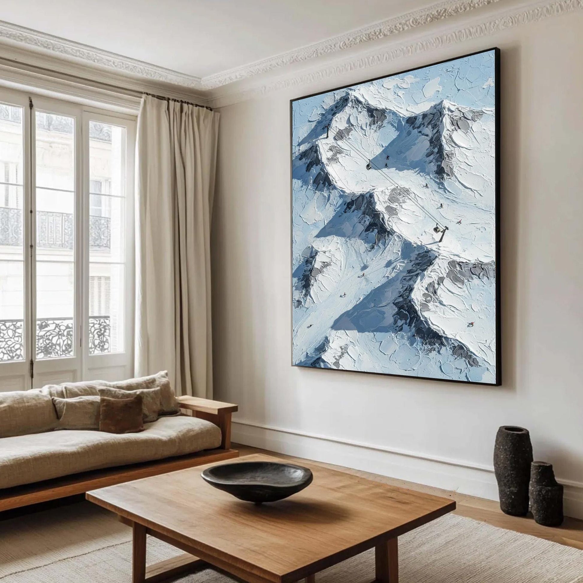 Snowy Alpine Canvas Art - Handmade Acrylic - Winter Wall Decor - Cabin Home Housewarming Gift – Blue and Grey Alpine Mountain
