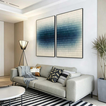 Navy Blue Wall Art Set of 2 Textured Gradient Canvas Painting for Living Room