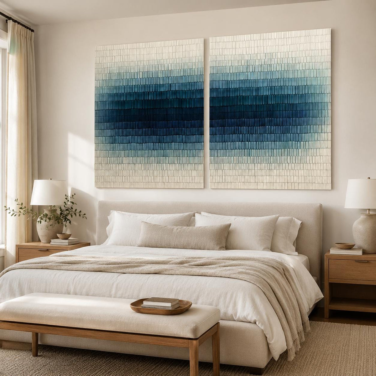 Navy Blue Wall Art Set of 2 Textured Gradient Canvas Painting for Living Room