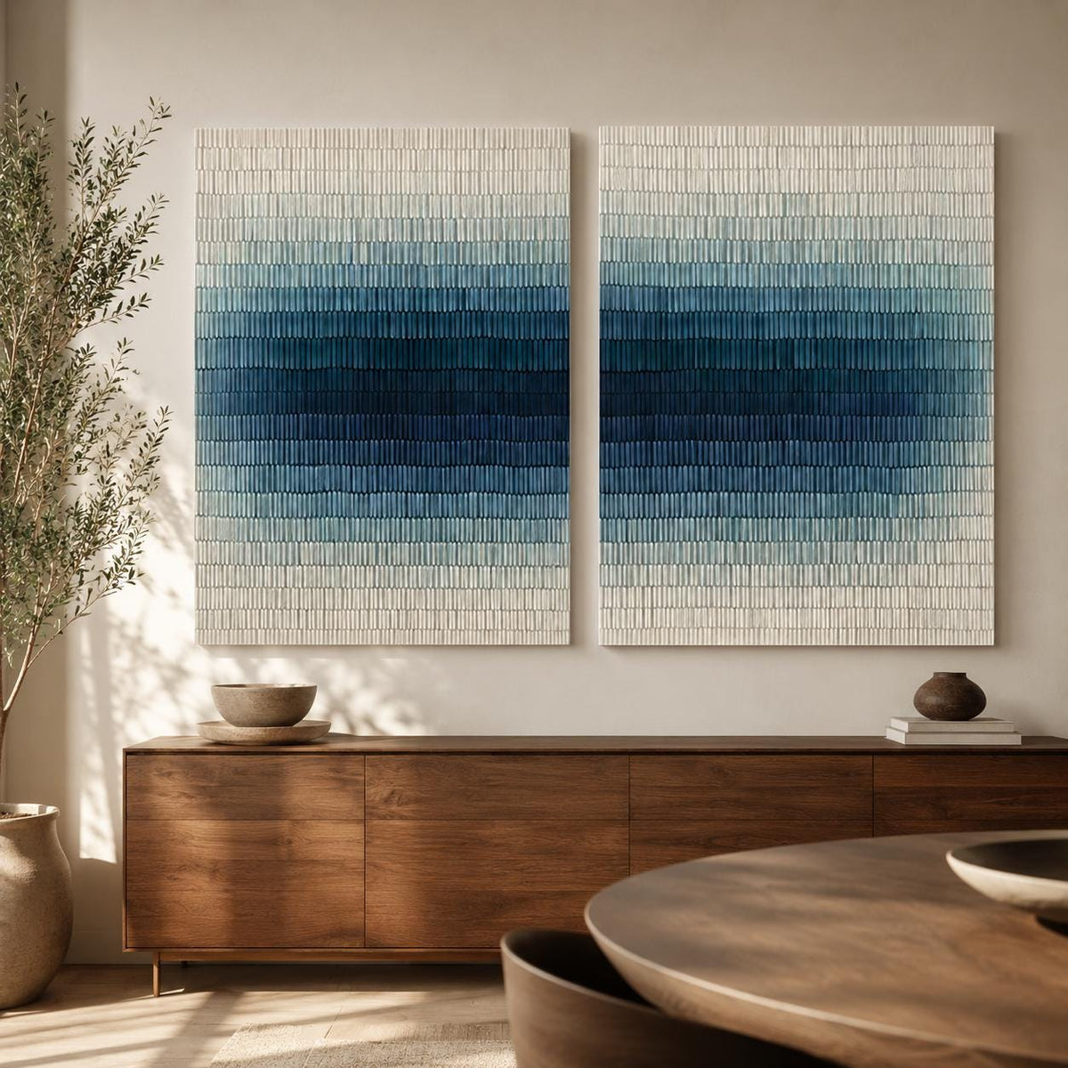 Navy Blue Wall Art Set of 2 Textured Gradient Canvas Painting for Living Room