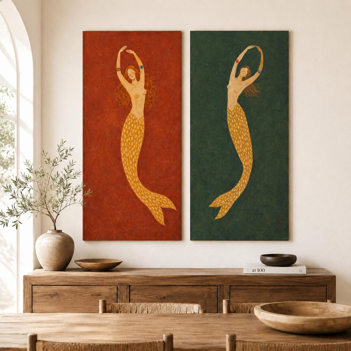Mermaid Wall Art Set of 2 Red Green Folk Canvas Painting for Bohemian Bedroom