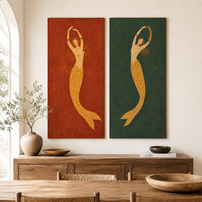 Mermaid Wall Art Set of 2 Red Green Folk Canvas Painting for Bohemian Bedroom