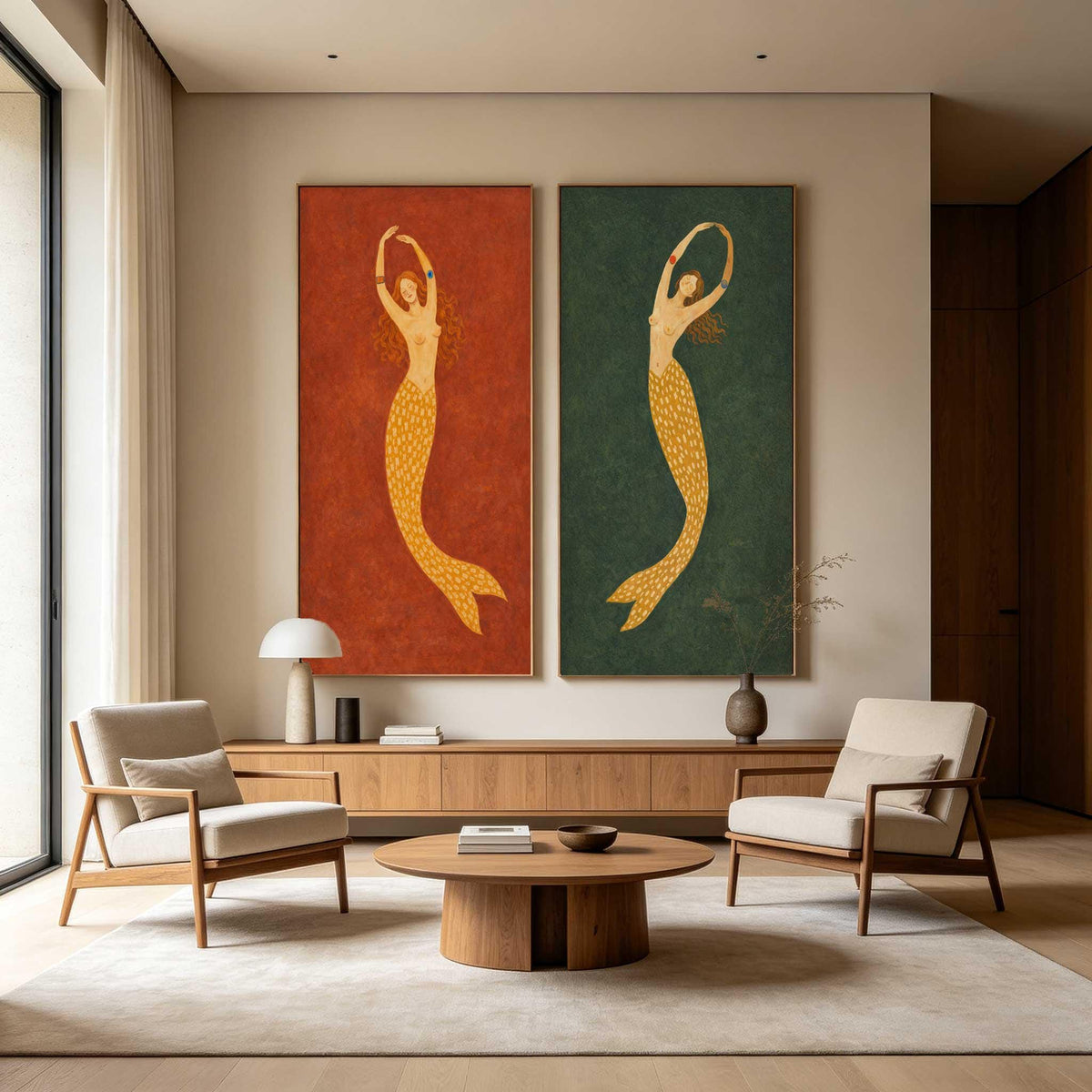 Mermaid Wall Art Set of 2 Red Green Folk Canvas Painting for Bohemian Bedroom