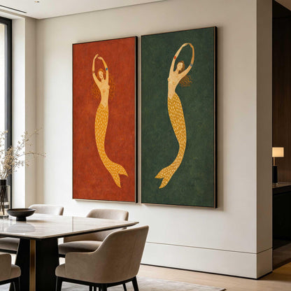 Mermaid Wall Art Set of 2 Red Green Folk Canvas Painting for Bohemian Bedroom