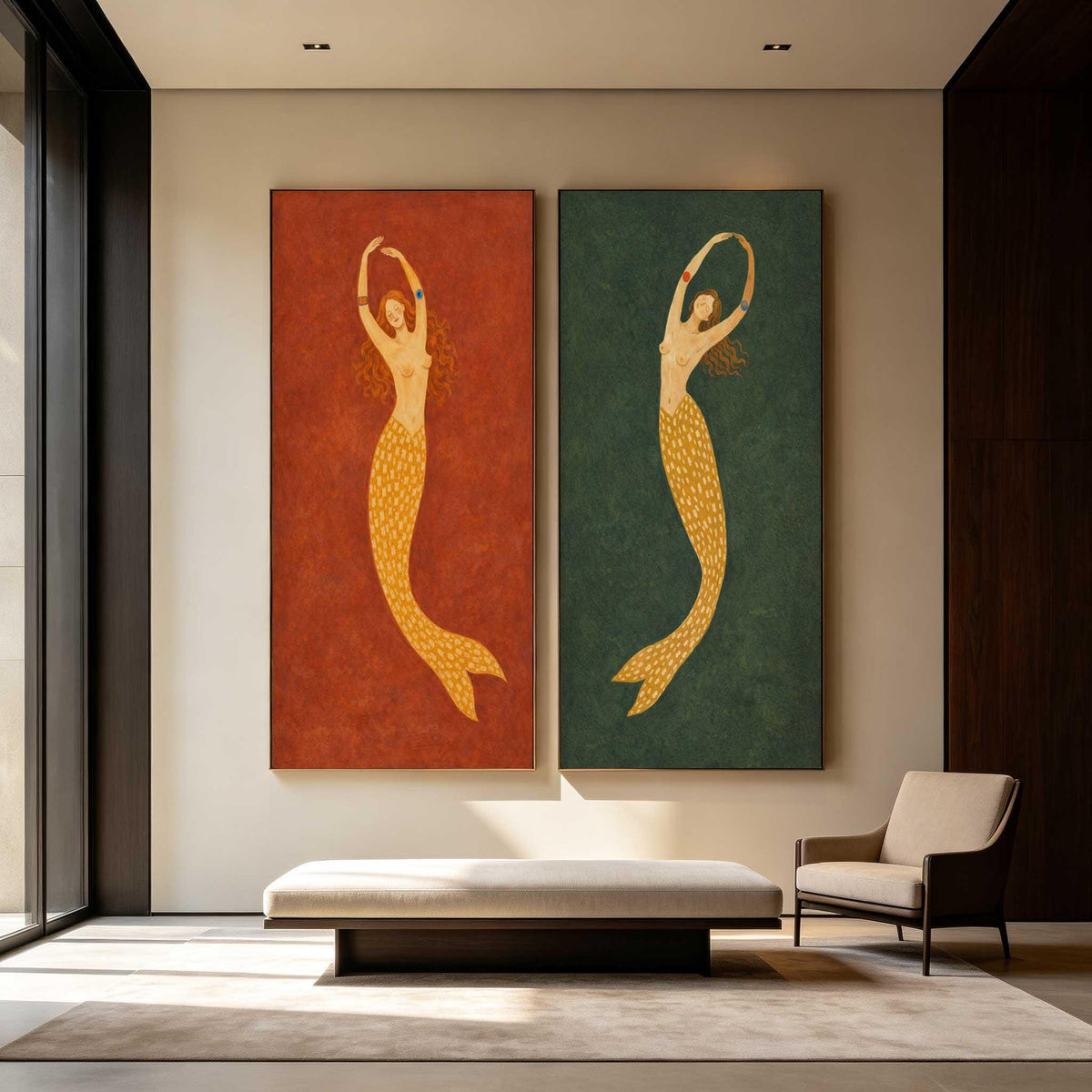 Mermaid Wall Art Set of 2 Red Green Folk Canvas Painting for Bohemian Bedroom