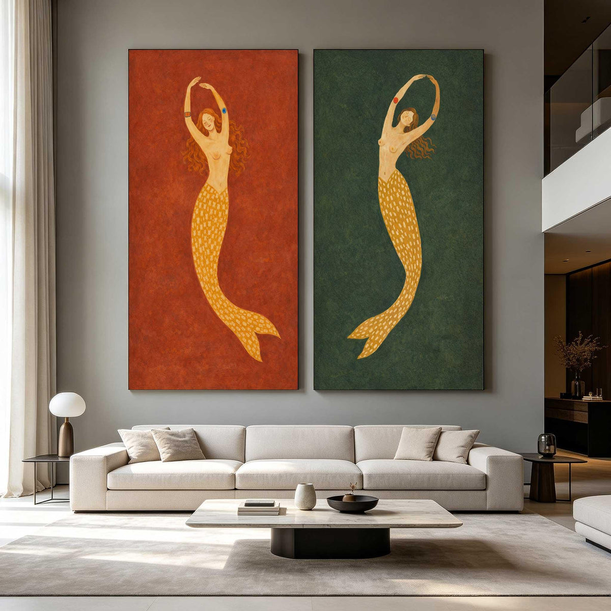 Mermaid Wall Art Set of 2 Red Green Folk Canvas Painting for Bohemian Bedroom