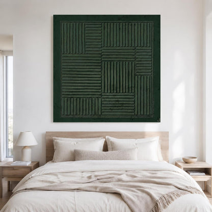 Dark Green Geometric Wall Art Textured Line Canvas Painting for Living Room