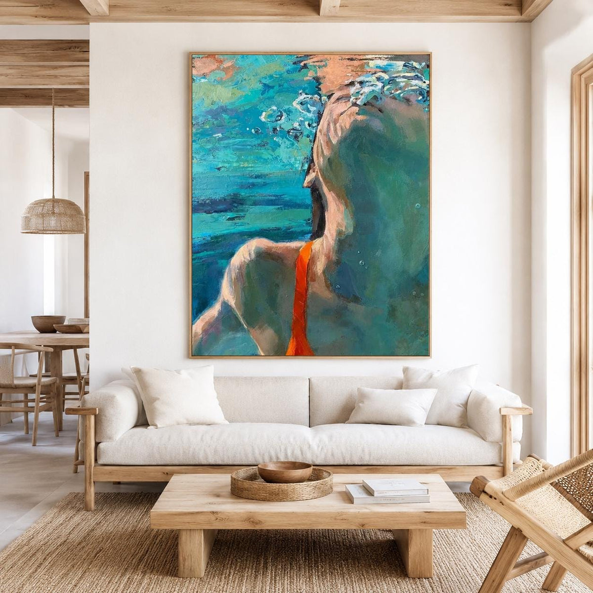 Underwater Swimmer Wall Art Blue Green Figure Canvas Painting for Bathroom Decor