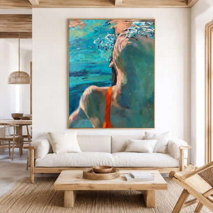 Underwater Swimmer Wall Art Blue Green Figure Canvas Painting for Bathroom Decor