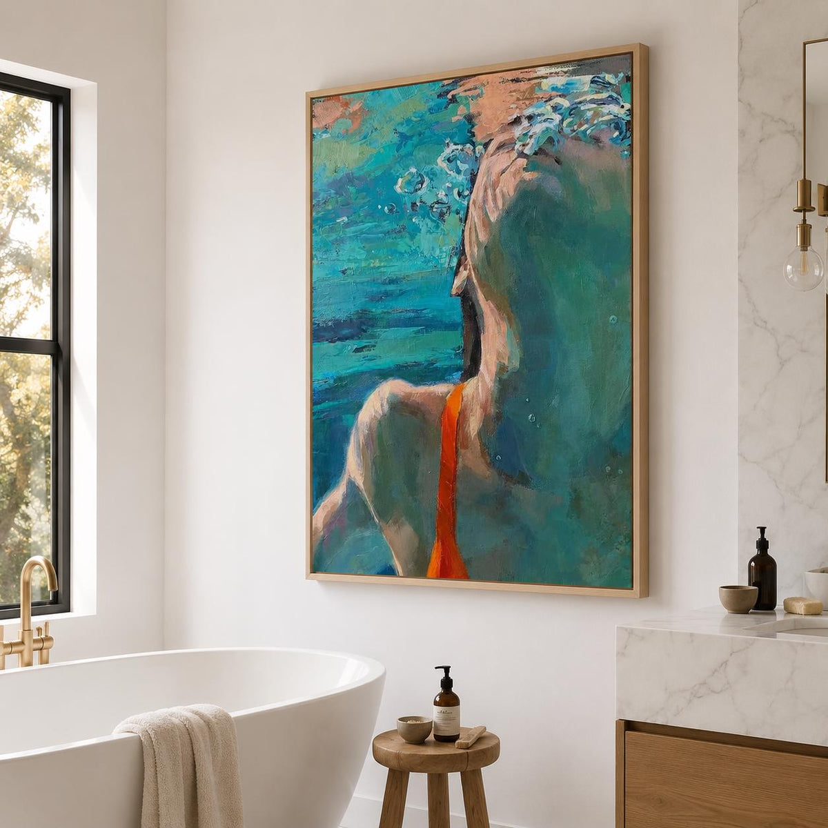 Underwater Swimmer Wall Art Blue Green Figure Canvas Painting for Bathroom Decor