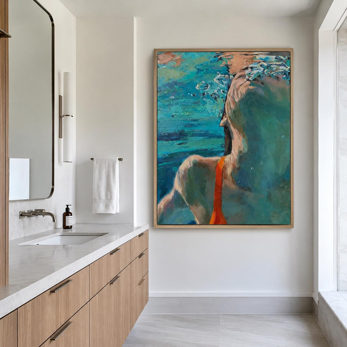 Underwater Swimmer Wall Art Blue Green Figure Canvas Painting for Bathroom Decor