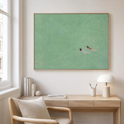 Swimmer Wall Art Green Ocean Minimalist Canvas Painting for Bathroom Decor