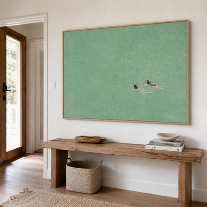 Swimmer Wall Art Green Ocean Minimalist Canvas Painting for Bathroom Decor
