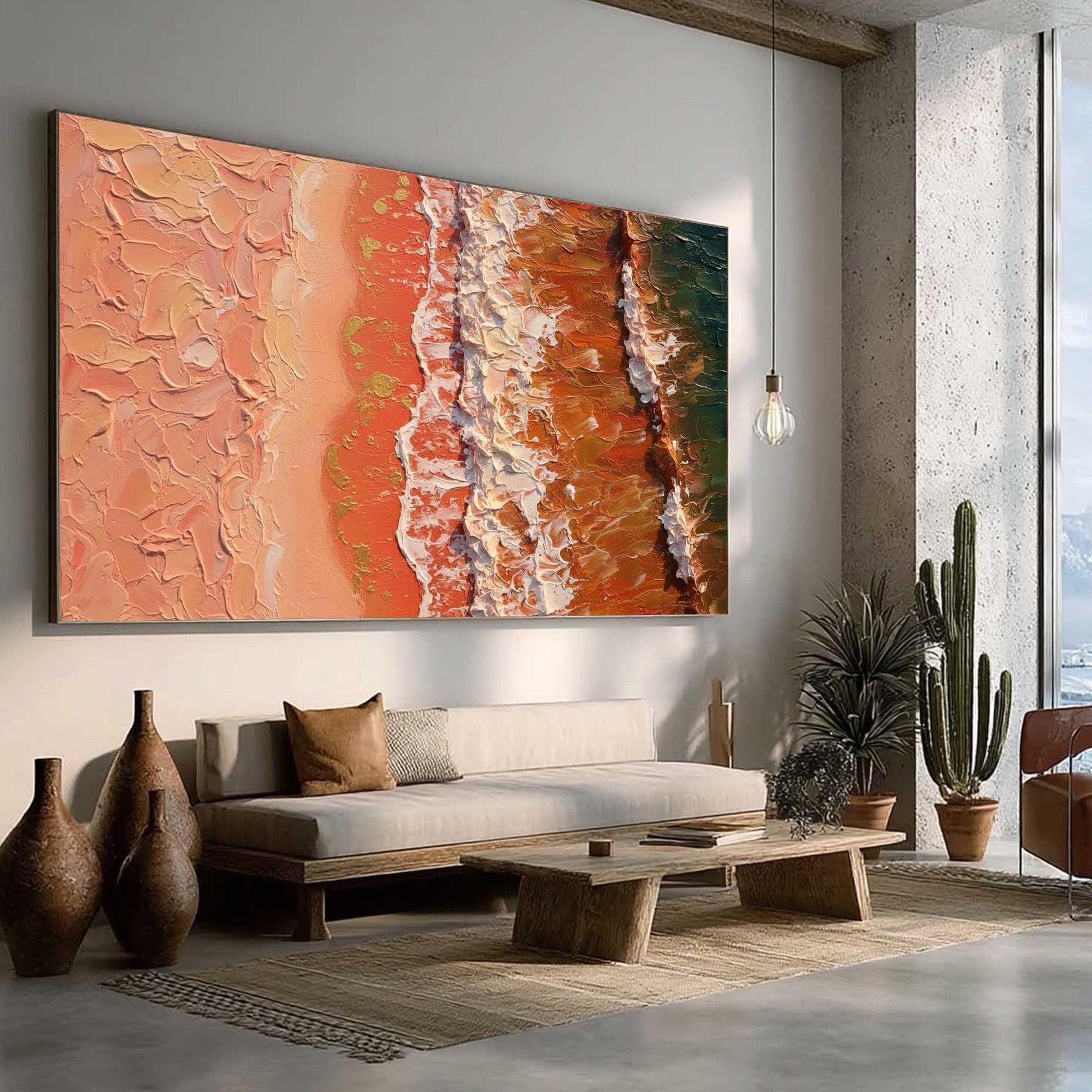 Terracotta Sand Canvas Art - Top Down Wave Texture - Handmade Acrylic - Boho Coastal Wall Decor Gift – Blue and Terracotta Be
