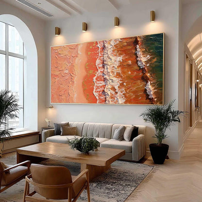 Terracotta Sand Canvas Art - Top Down Wave Texture - Handmade Acrylic - Boho Coastal Wall Decor Gift – Blue and Terracotta Be