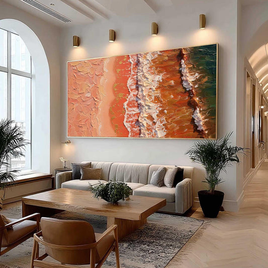 Terracotta Sand Canvas Art - Top Down Wave Texture - Handmade Acrylic - Boho Coastal Wall Decor Gift – Blue and Terracotta Be