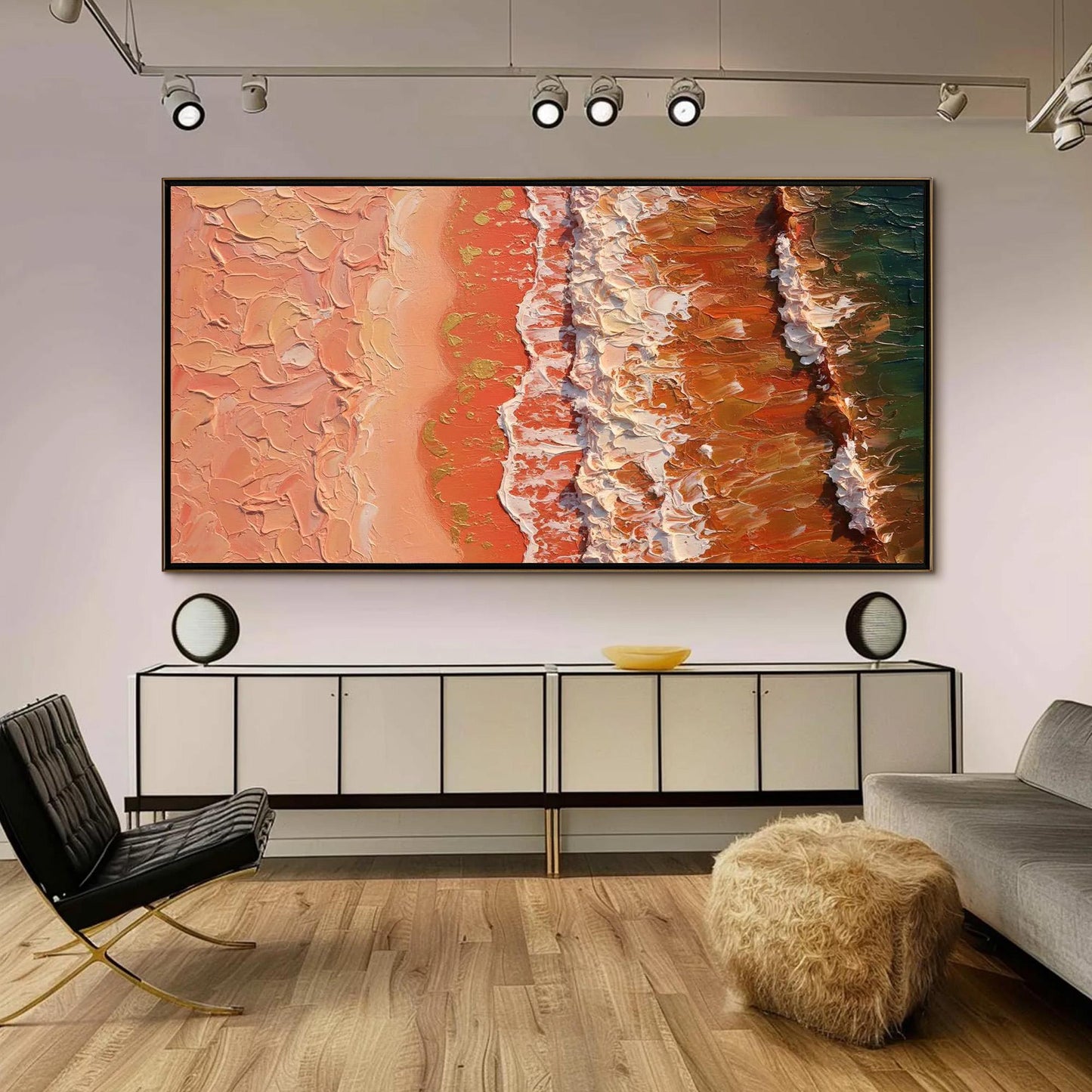 Blue and Terracotta Boho Impasto Beach Seascape Wall Art