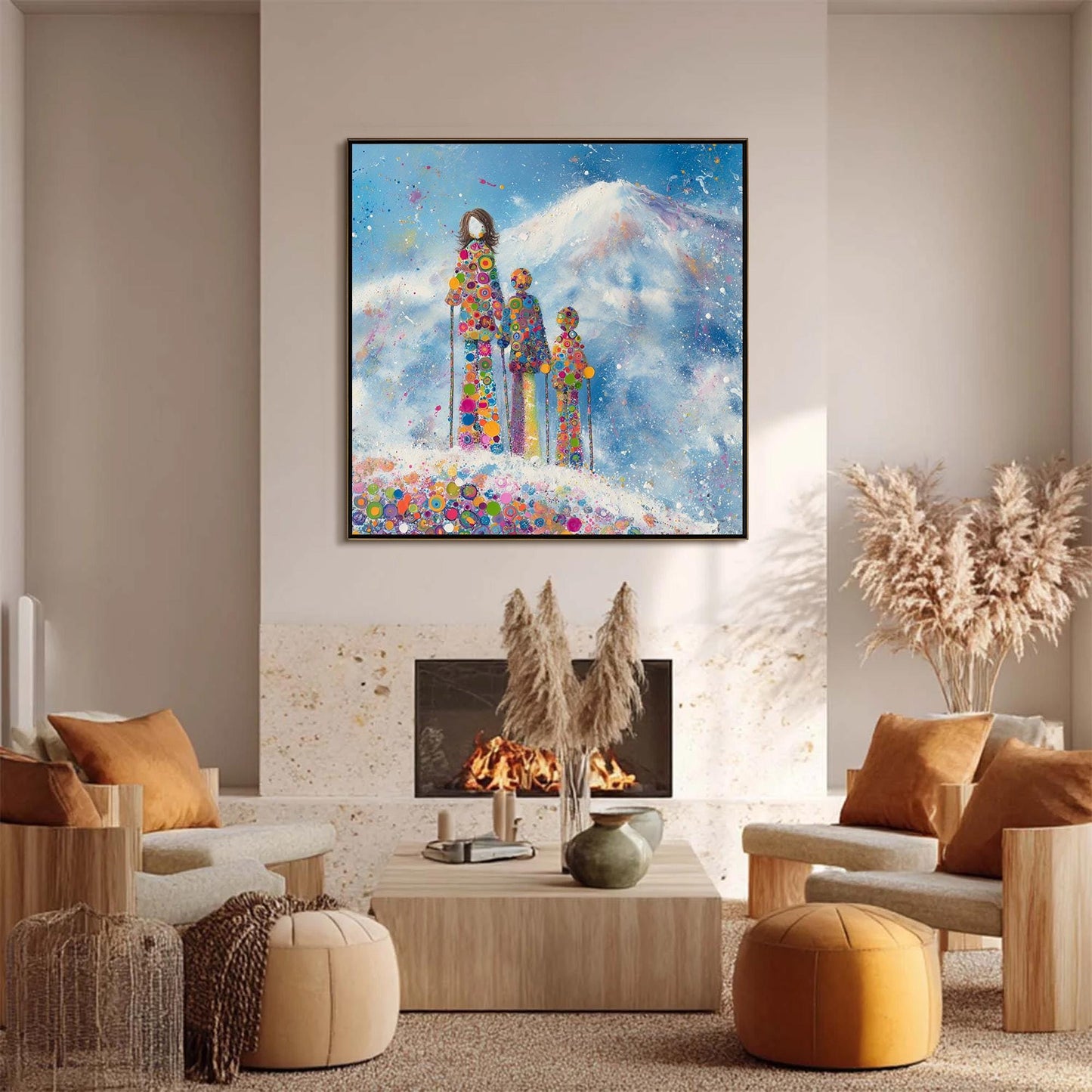 Colorful Impasto Alpine Mountain Wall Art – Ski Family Acrylic Painting