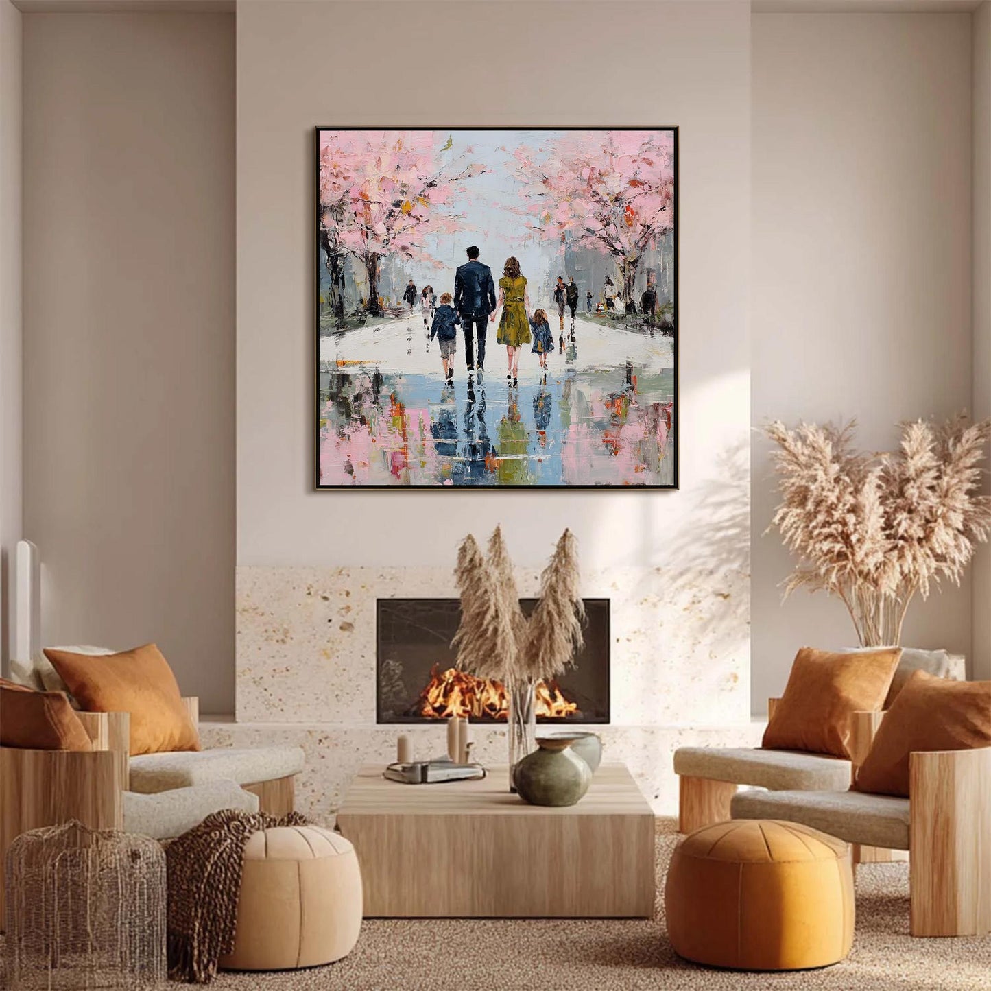 Pink Impasto Cherry Blossom Floral Wall Art – Rainy Street Canvas Art - Handmade Acrylic - Spring Wall Decor - Love Home Housewarming Gift
