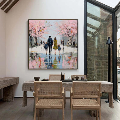 Pink Impasto Cherry Blossom Floral Wall Art – Rainy Street Canvas Art - Handmade Acrylic - Spring Wall Decor - Love Home Housewarming Gift