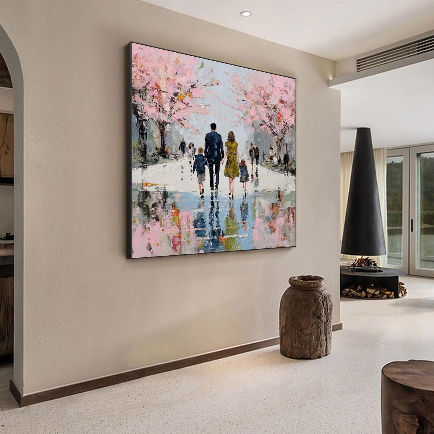 Rainy Street Canvas Art - Handmade Acrylic - Spring Wall Decor - Love Home Housewarming Gift – Pink Cherry Blossom Floral Wal