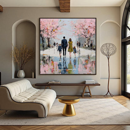 Rainy Street Canvas Art - Handmade Acrylic - Spring Wall Decor - Love Home Housewarming Gift – Pink Cherry Blossom Floral Wal