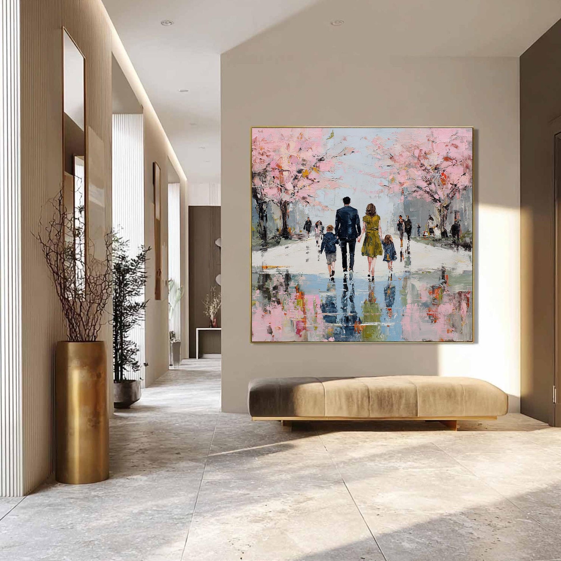 Rainy Street Canvas Art - Handmade Acrylic - Spring Wall Decor - Love Home Housewarming Gift – Pink Cherry Blossom Floral Wal