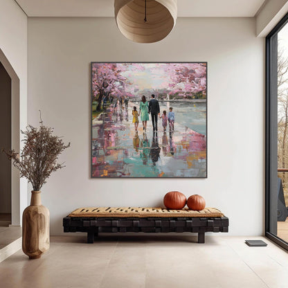 Impressionist Palette Knife Cherry Blossom Floral Wall Art – Rain Reflection Canvas - Handmade Acrylic - Spring Wall Decor - Elegant Home Housewarming Gift