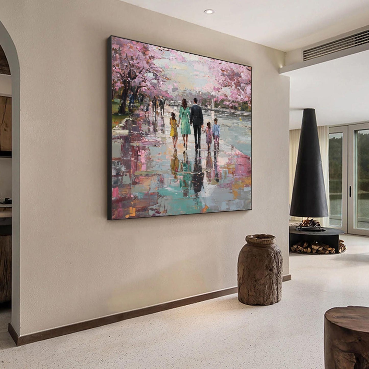Rain Reflection Canvas - Handmade Acrylic - Spring Wall Decor - Elegant Home Housewarming Gift – Cherry Blossom Floral Wall A