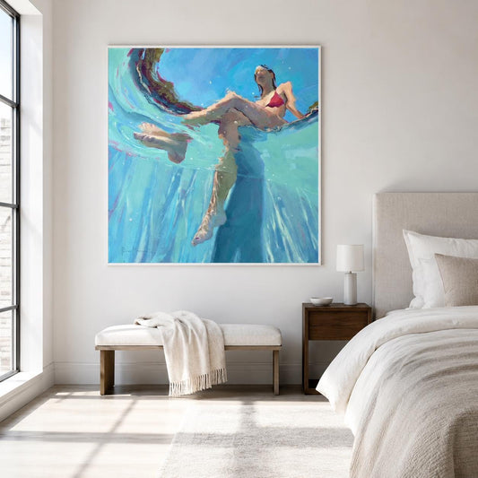 Underwater Swimmer Figure Wall Art Turquoise Blue Pool Canvas Painting for Modern Bathroom Decor