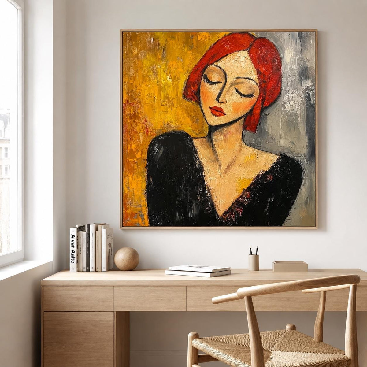 Red Hair Woman Portrait Wall Art Modigliani Style Abstract Canvas for Living Room